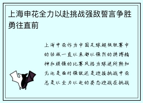 上海申花全力以赴挑战强敌誓言争胜勇往直前